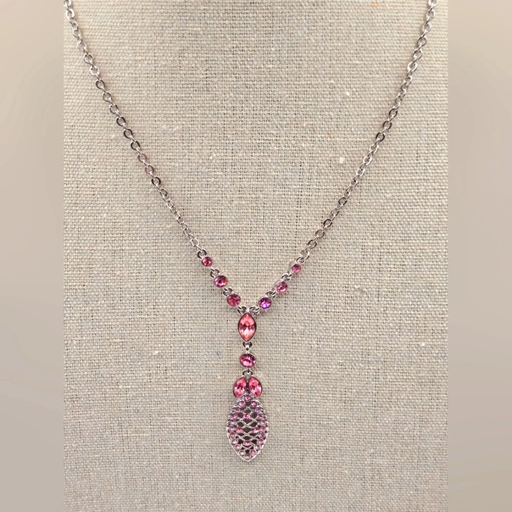 GIVENCHY Vintage Silver Tone Necklace Pink Crystal Pendant - Picture 2 of 8